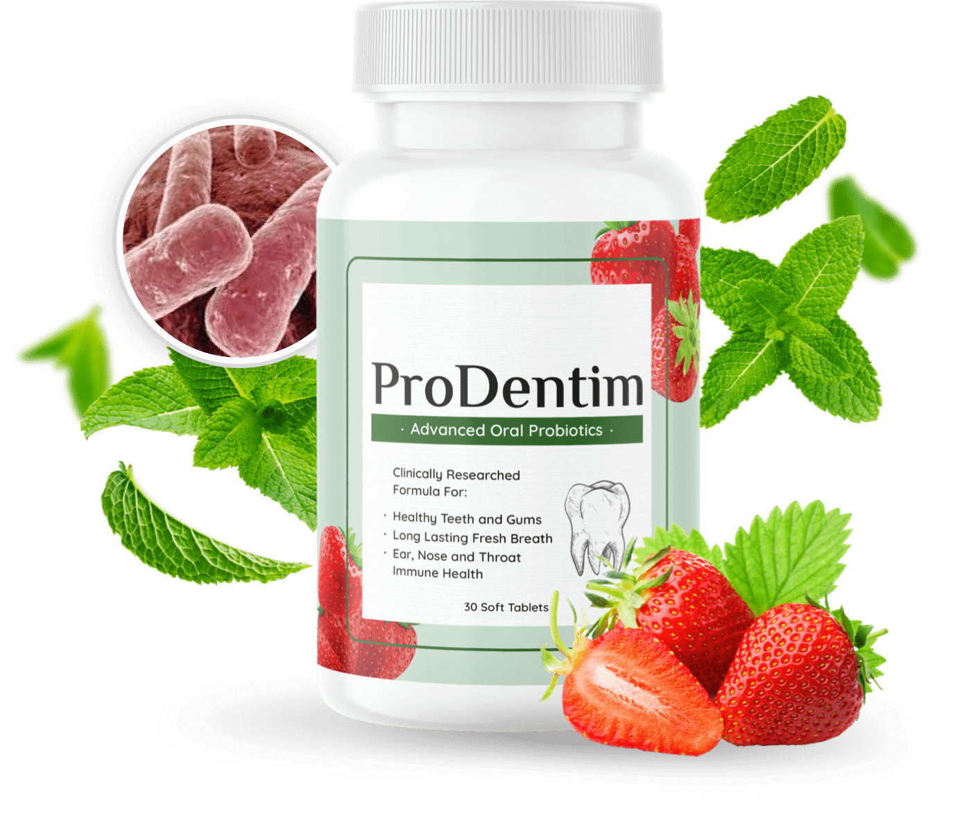 ProDentim Advanced Oral Probiotics bottle with mint leaves and strawberries – best oral probiotic for teeth and gums 2026